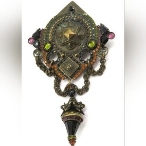 Sorrelli Antiqued Gold Toned Multi Gem Swag Brooch With Earrings, Signed VTG